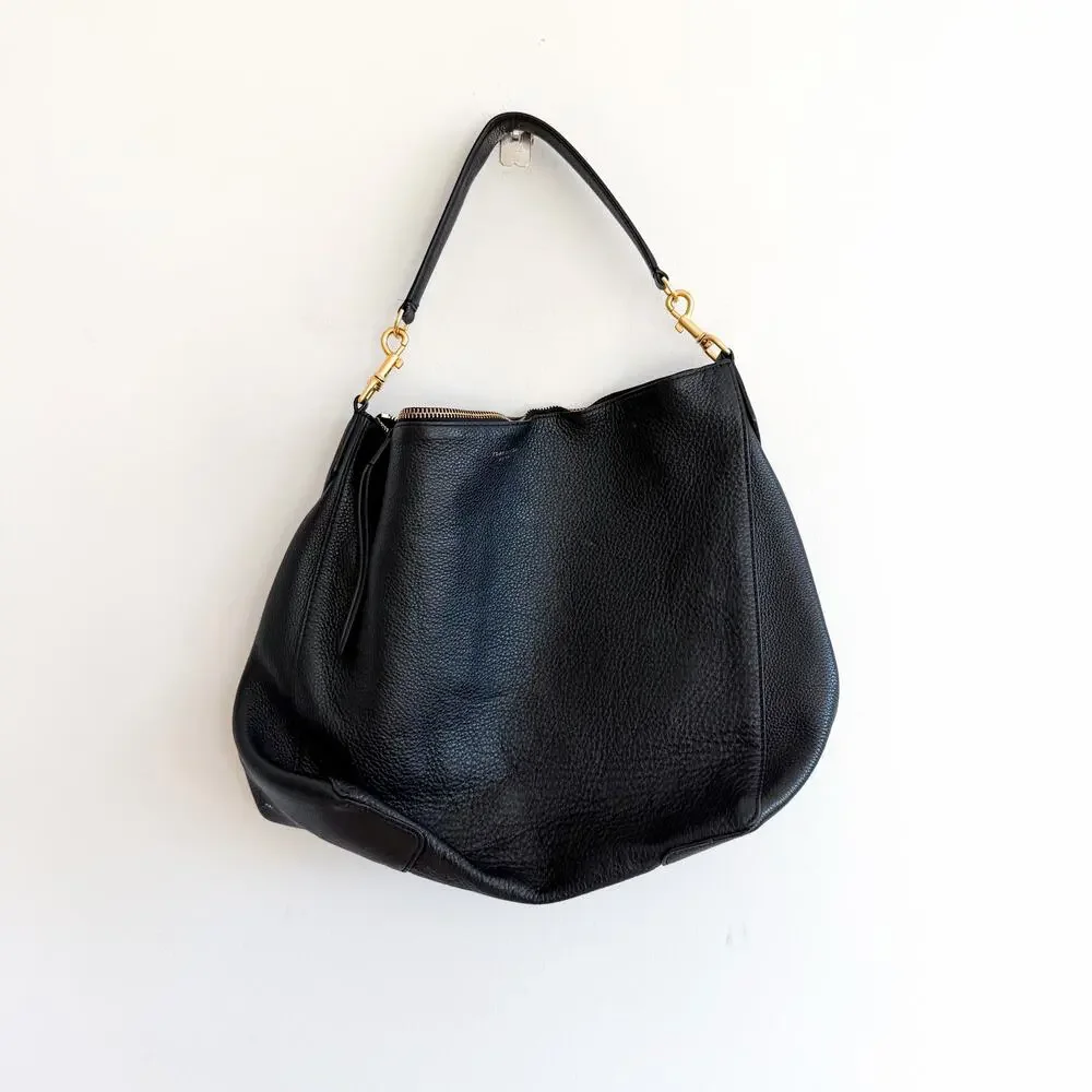 Tory Burch Pebbled Leather Zip-Closure Hobo Shoulder Bag Black
